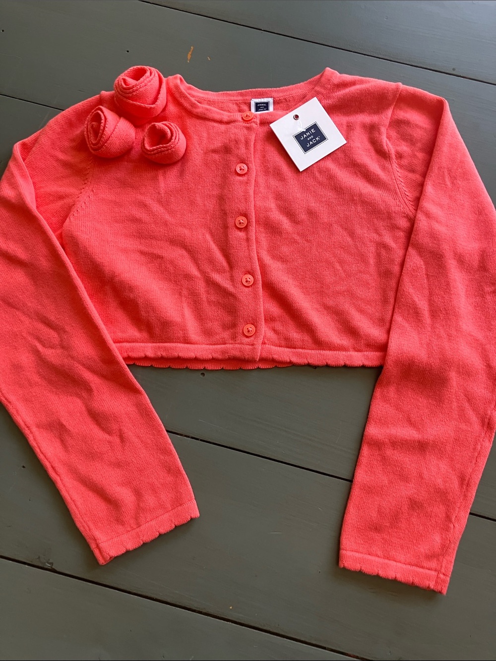 JANIE AND JACK Bright Coral Rosette Cropped L/S Cotton Cardigan Girl’s Size 7 NW